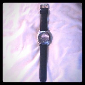 Stauer silver watch with black leather band
